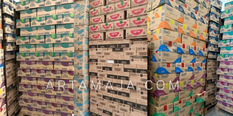 Pallets of mixed food cartons ready for export
