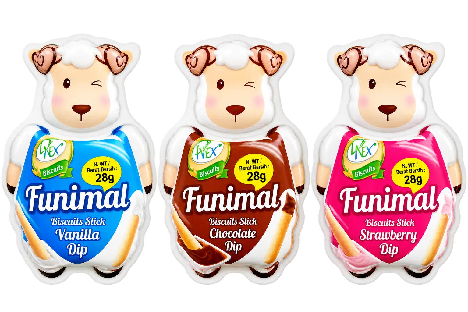 Denex Funimal Sheep Biscuit Stick Vanilla - Strawberry - Chocolate 30x28gr Denex Funimal Sheep Biscuit Stick 28gr